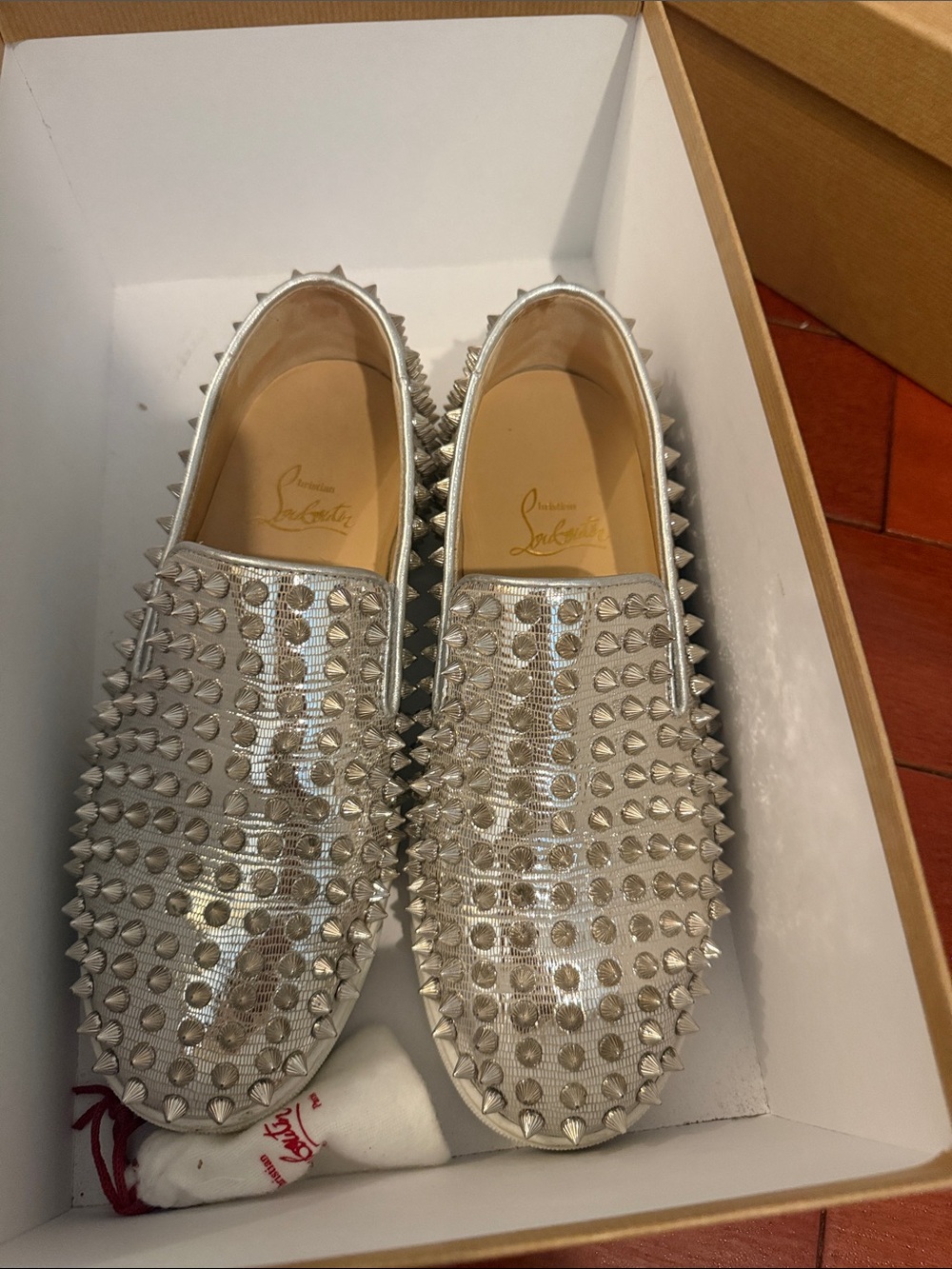 Christian Louboutin Silver Spike-Embellished Slip-Ons